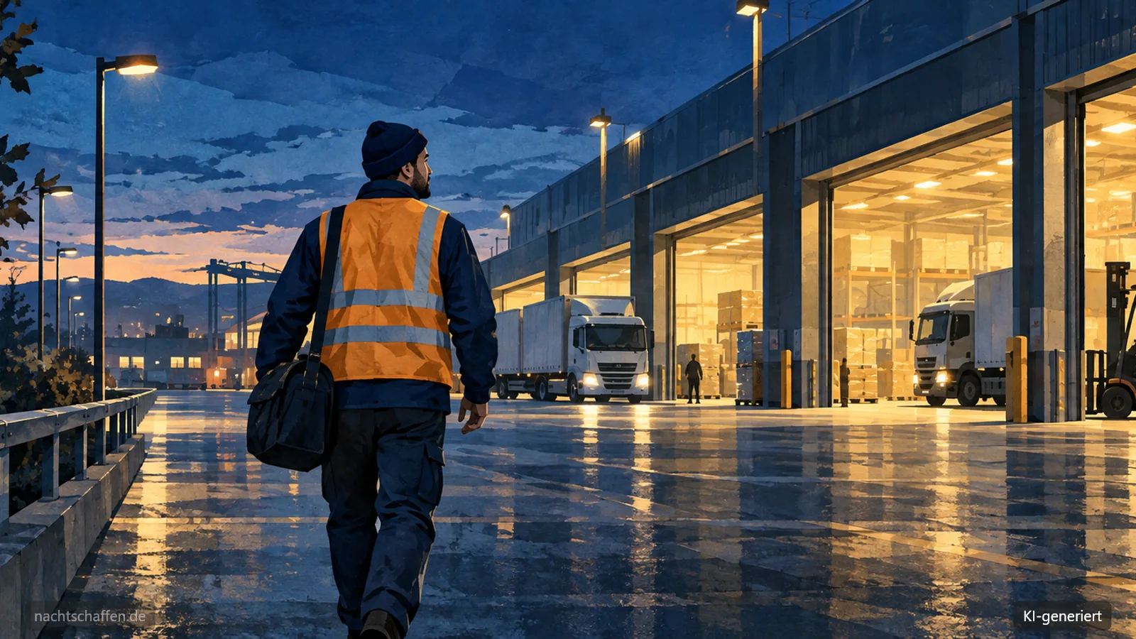 Illustration: Nachtarbeiter auf dem Weg zu einer beleuchteten Logistikhalle