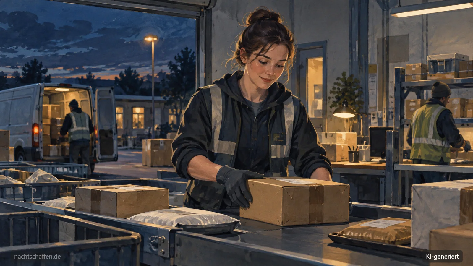 Illustration: Aushilfe bei der nächtlichen Paketsortierung