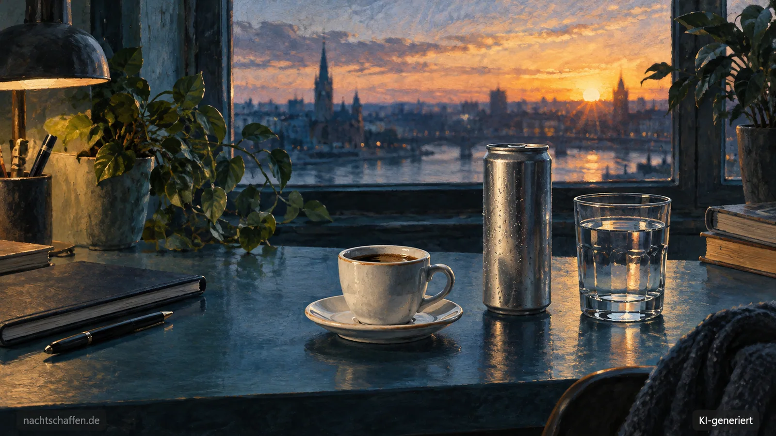 Illustration: Kaffee, Energydrink und Wasser auf einem Tisch